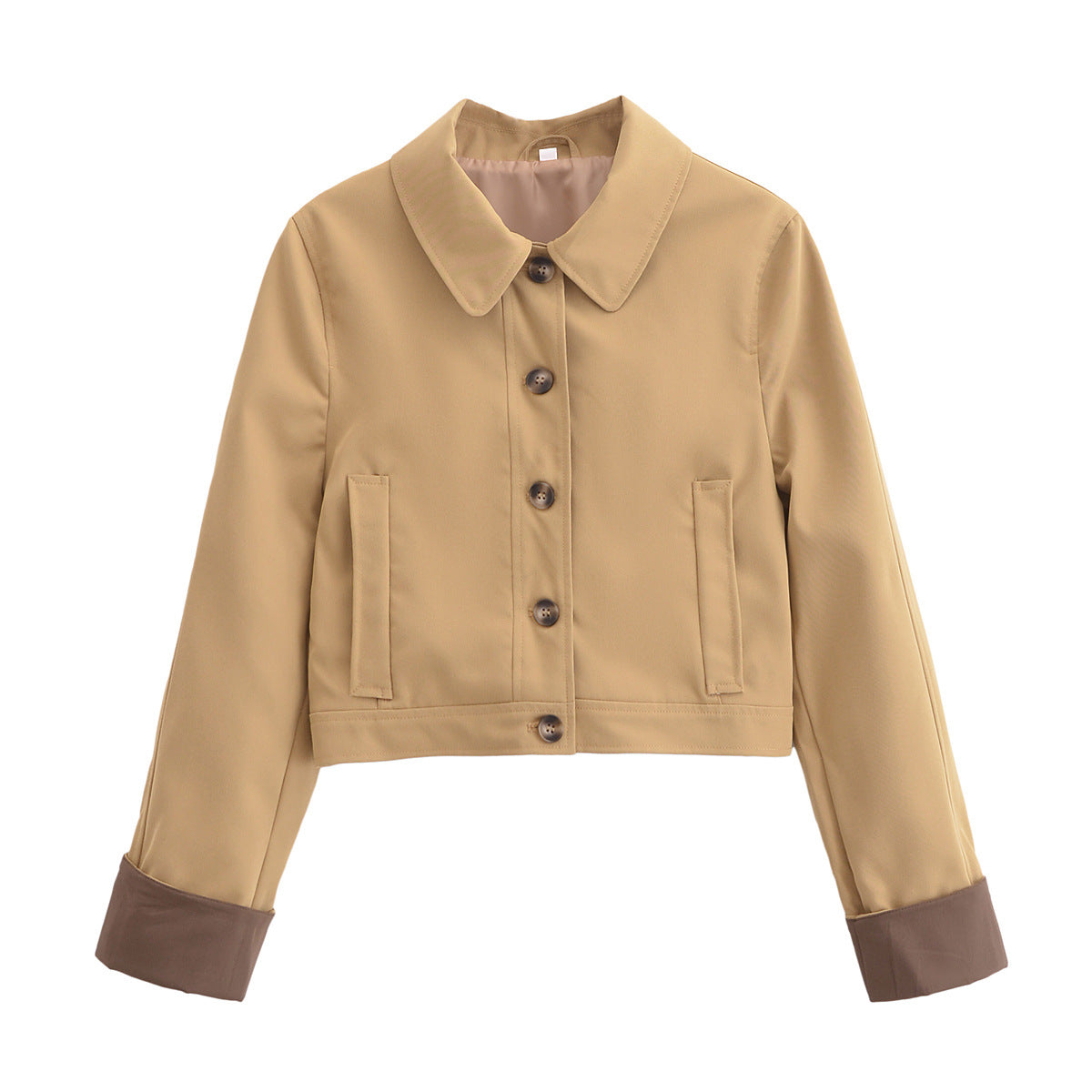 Women's Cropped Utility Jacket with Shirt Collar, Contrasting Turn-Up Cuffs and Continuous Button Placket Fashion Glam