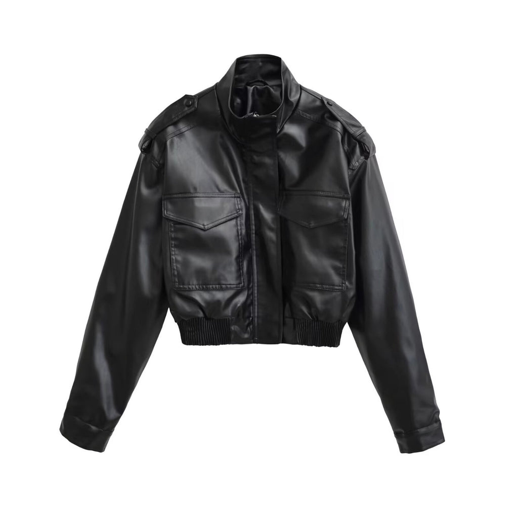 Women's Short PU Leather Bomber Jacket with High Stand-Up Collar, Flap Pockets and Shoulder Epaulettes Fashion Glam