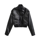 Women's Short PU Leather Bomber Jacket with High Stand-Up Collar, Flap Pockets and Shoulder Epaulettes Fashion Glam