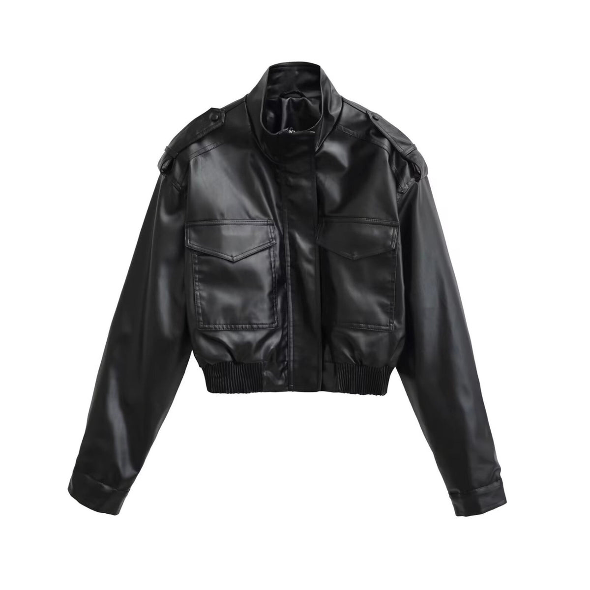 Women's Short PU Leather Bomber Jacket with High Stand-Up Collar, Flap Pockets and Shoulder Epaulettes Fashion Glam