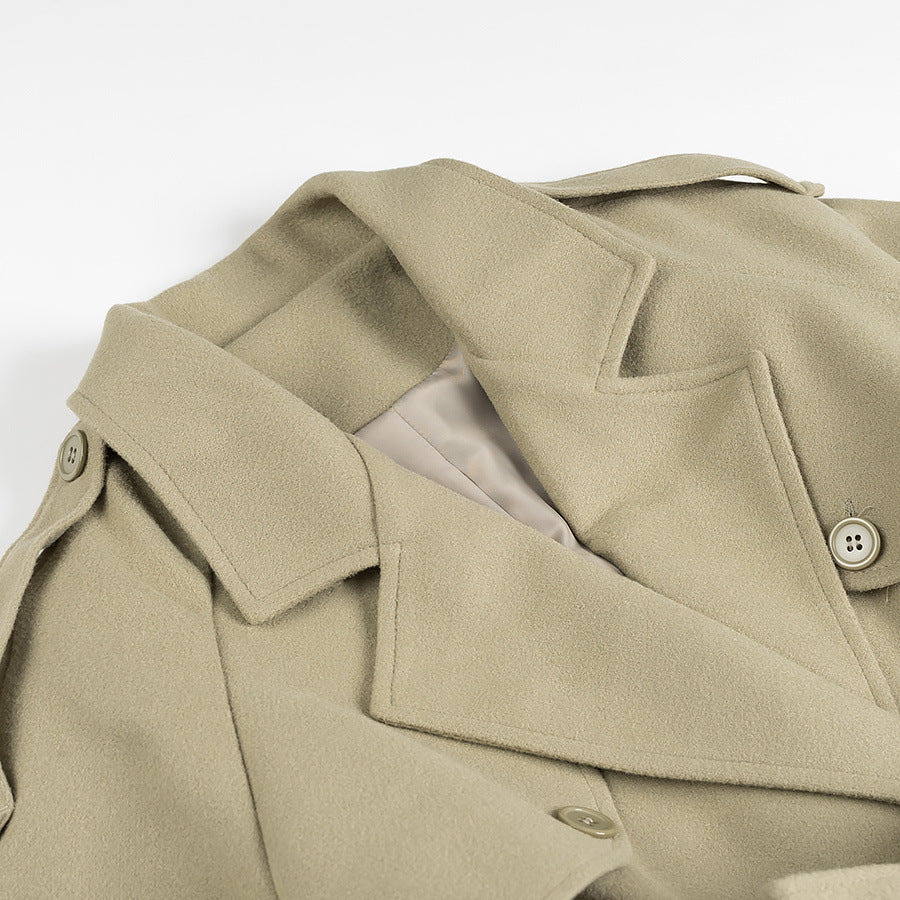 Women's maxi-length wool blend trench coat with belted tie, double-breasted button placket and shoulder epaulettes Fashion Glam