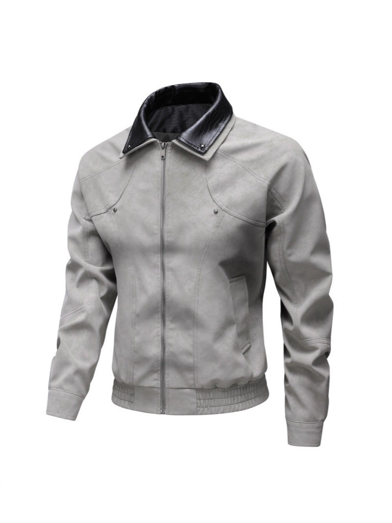 Men's Vintage-inspired Faux Leather Blouson Jacket with Contrast Collar Fashion Glam
