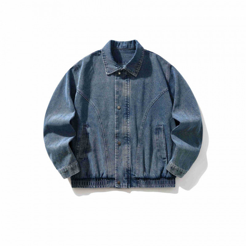 Men's Oversized Denim Jacket with Elastic Hem and Concealed Snap Button Placket Fashion Glam