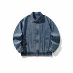 Men's Oversized Denim Jacket with Elastic Hem and Concealed Snap Button Placket Fashion Glam