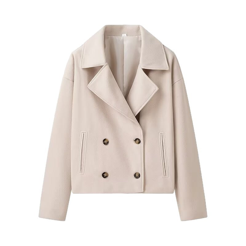 Women Short Cut Double-Breasted Wool Blend Peacoat with Boxy Oversize Silhouette Fashion Glam