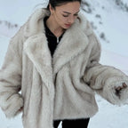 Ladies short jacket made of dense artificial fur with generous shawl collar Fashion Glam