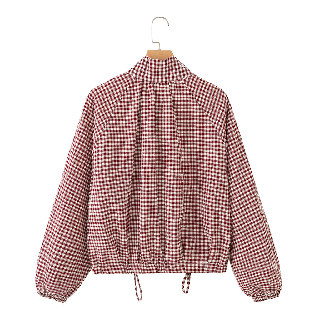 Women's Checked Oversize Blouson with Drawstring and Stand Collar Fashion Glam
