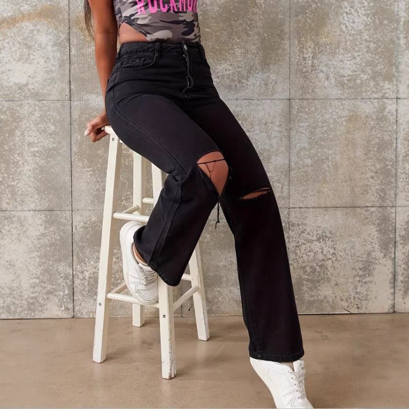 Ladies High-Waist Straight Jeans with wide leg, knee rip and textured denim look Fashion Glam