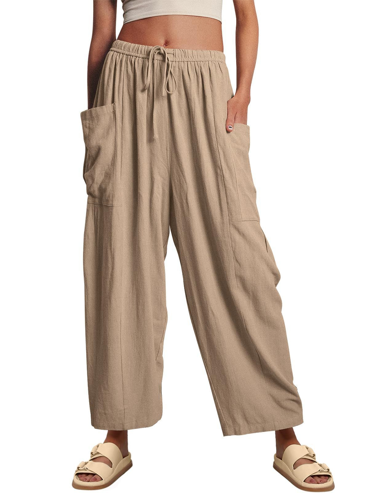 Women's High-Waisted Relaxed Cargo Pants made of Linen Blend with Drawstring and Patch Pockets Fashion Glam