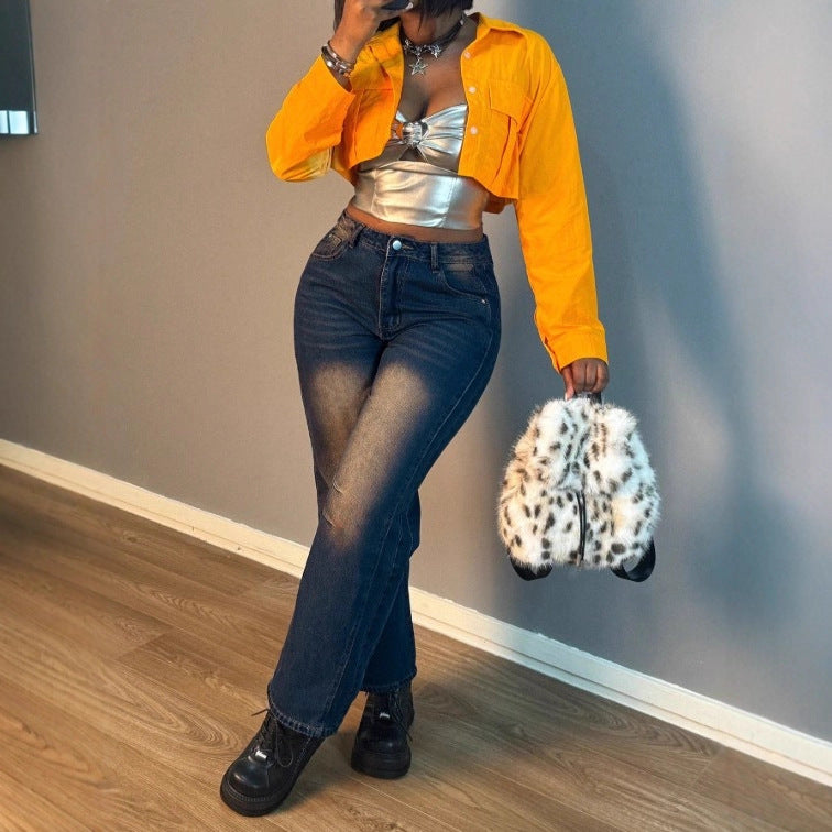 Women Cropped Boxy Shirt Jacket with Oversized Sleeves and Short Cut Fashion Glam
