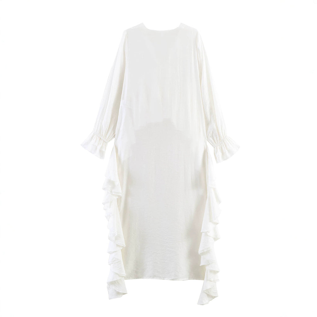 Women's maxi dress with asymmetric ruffle trim, V-neck and long ruffle sleeves Fashion Glam