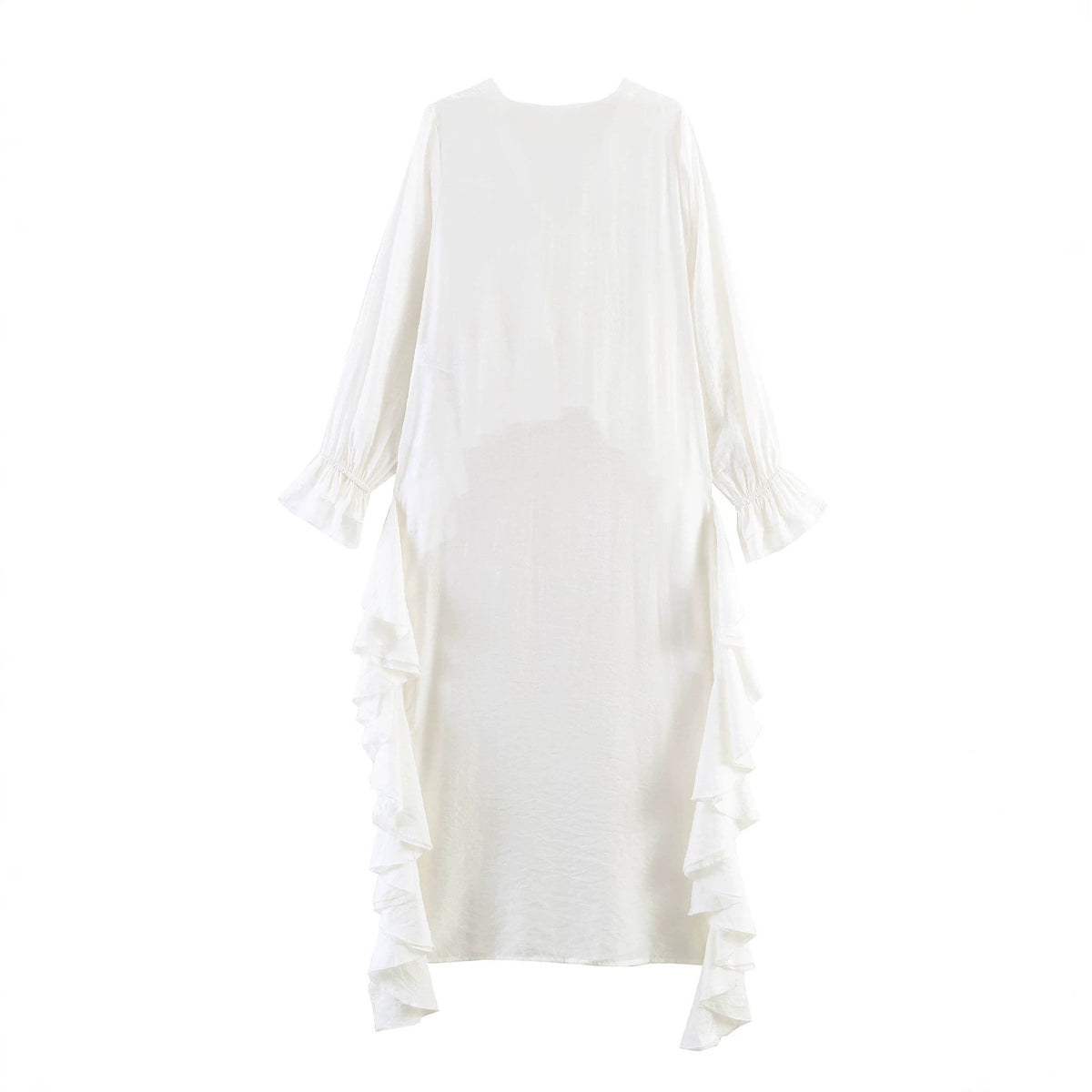 Women's maxi dress with asymmetric ruffle trim, V-neck and long ruffle sleeves Fashion Glam
