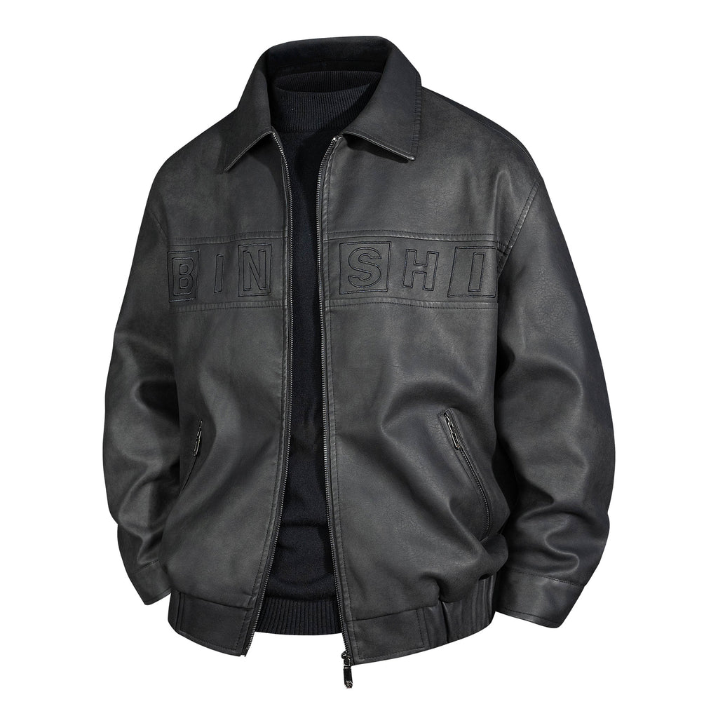 Men's Suede Look Bomber Jacket with Applied Logo and Zipper Fashion Glam