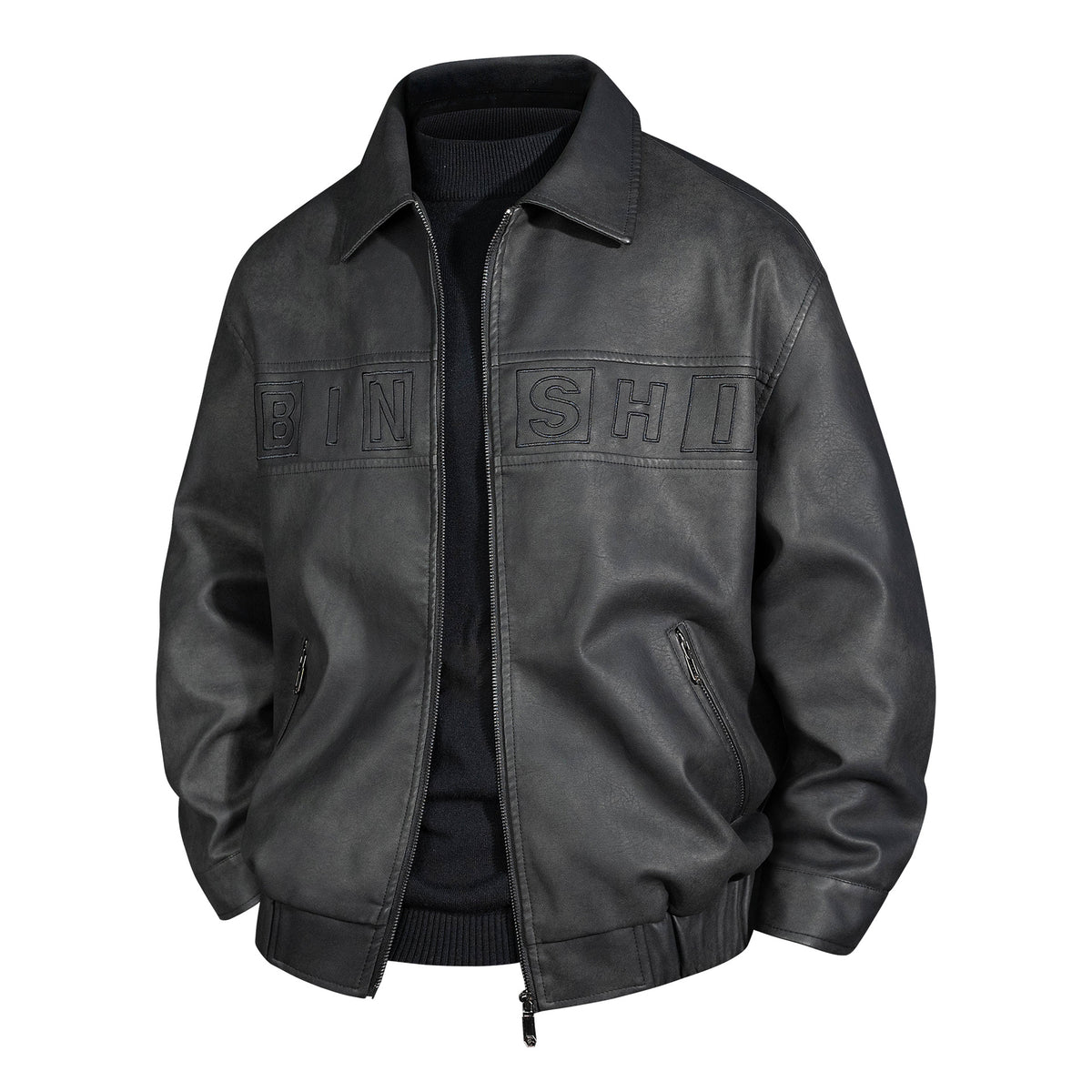 Men's Suede Look Bomber Jacket with Applied Logo and Zipper Fashion Glam