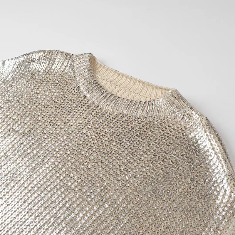 Women's Shimmering Oversized Knit Sweater with Cut-Out Shoulders Fashion Glam