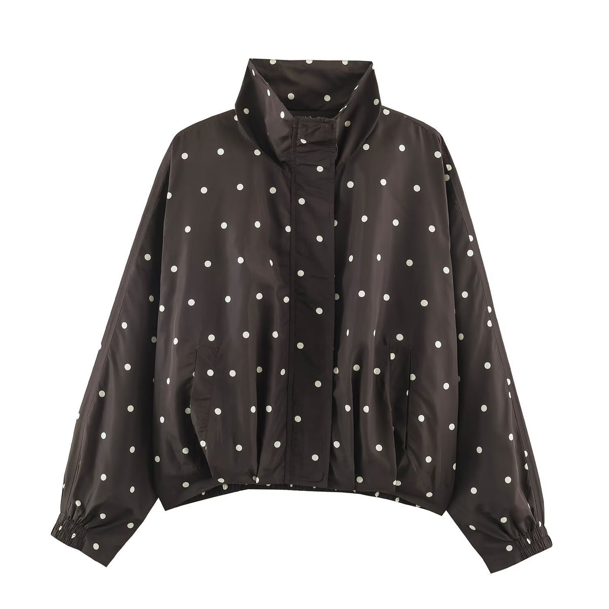 Women's Oversize Windbreaker with Dot Print, High Standing Collar and Elastic Hem Fashion Glam