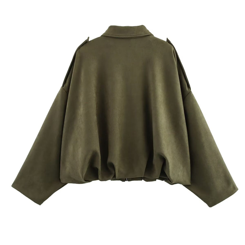 Women Cropped Oversized Blouson Jacket in Velour Look with Drawstring Hem and Epaulettes Fashion Glam