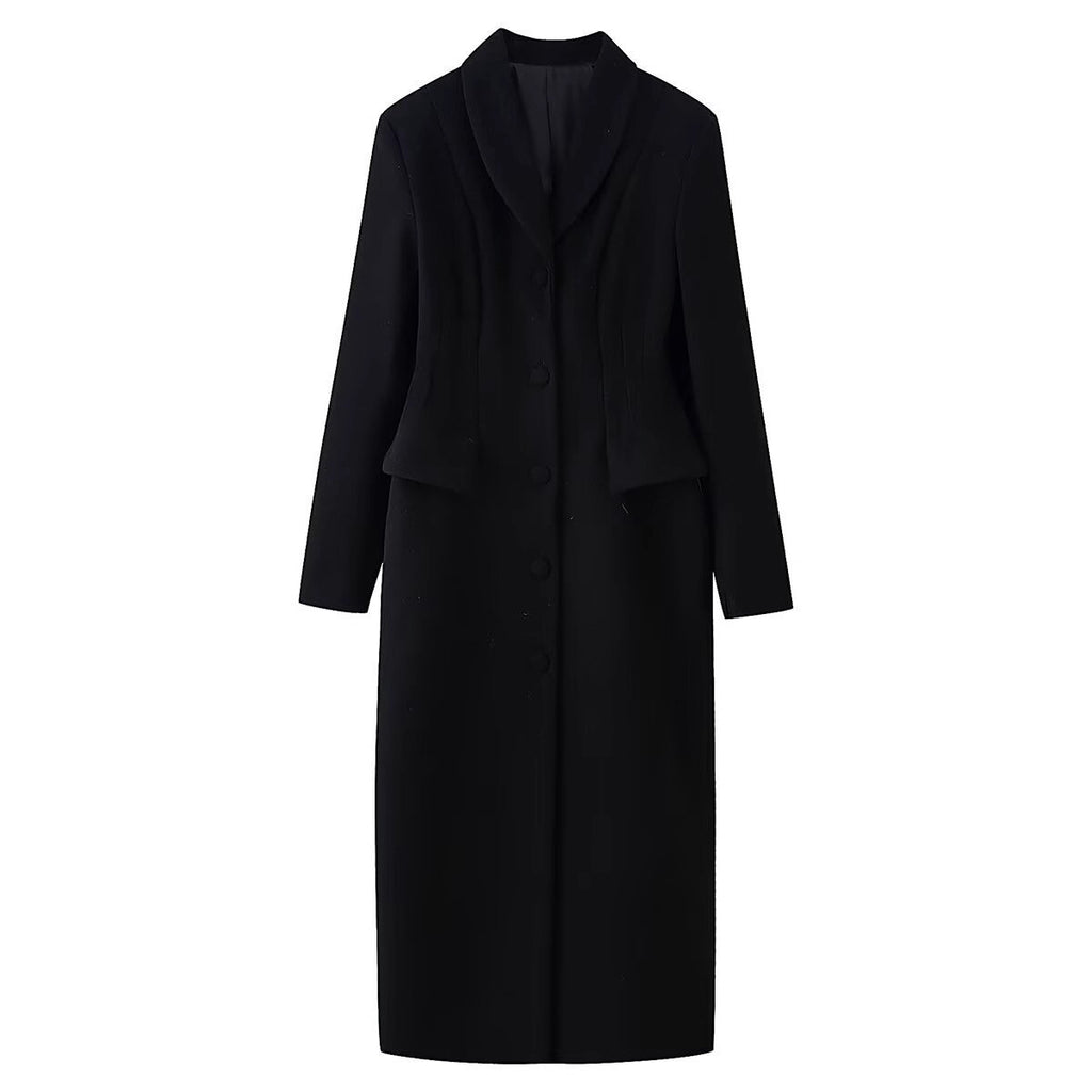 Women's tailored long coat with shawl collar and peplum waist Fashion Glam