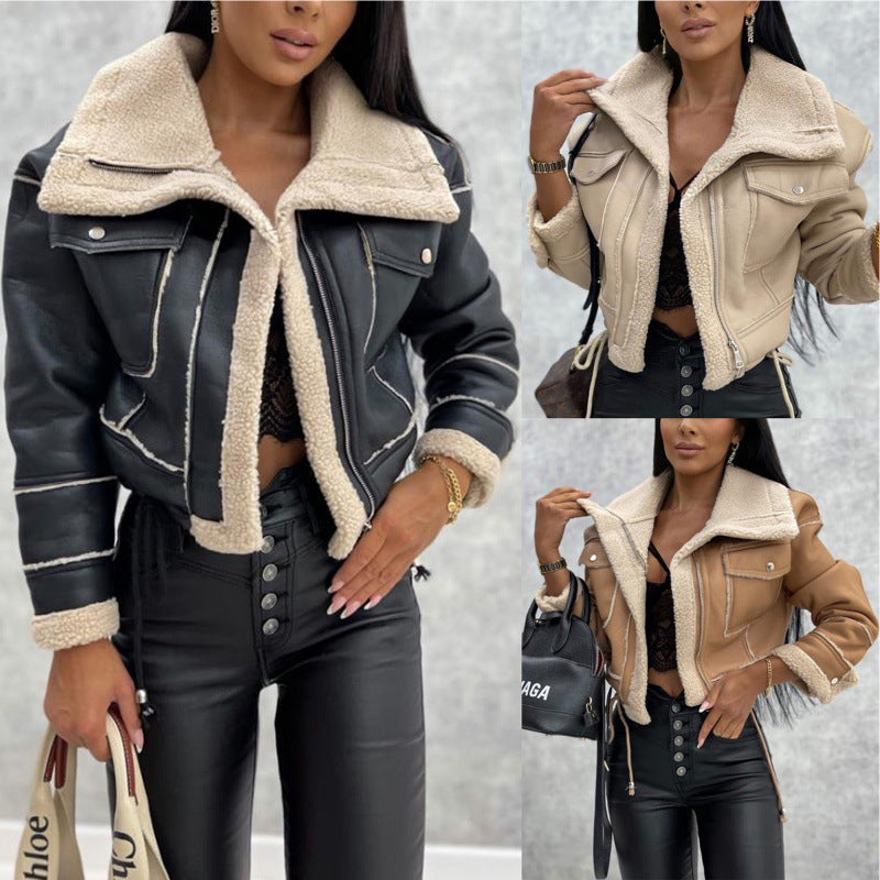 Women's aviator jacket in lambskin look with teddy lining and tailored biker silhouette Fashion Glam