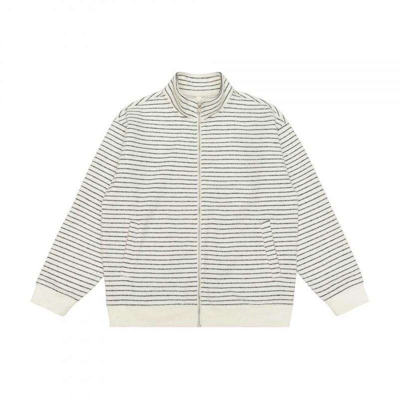 Unisex Striped Knit Zip Jacket with Stand-up Collar and Patch Pockets Fashion Glam