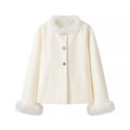 Ladies Short Boxy Coat Jacket with Feather Trimmed Collar and Cuffs Fashion Glam