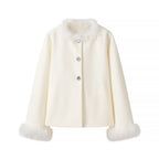 Ladies Short Boxy Coat Jacket with Feather Trimmed Collar and Cuffs Fashion Glam
