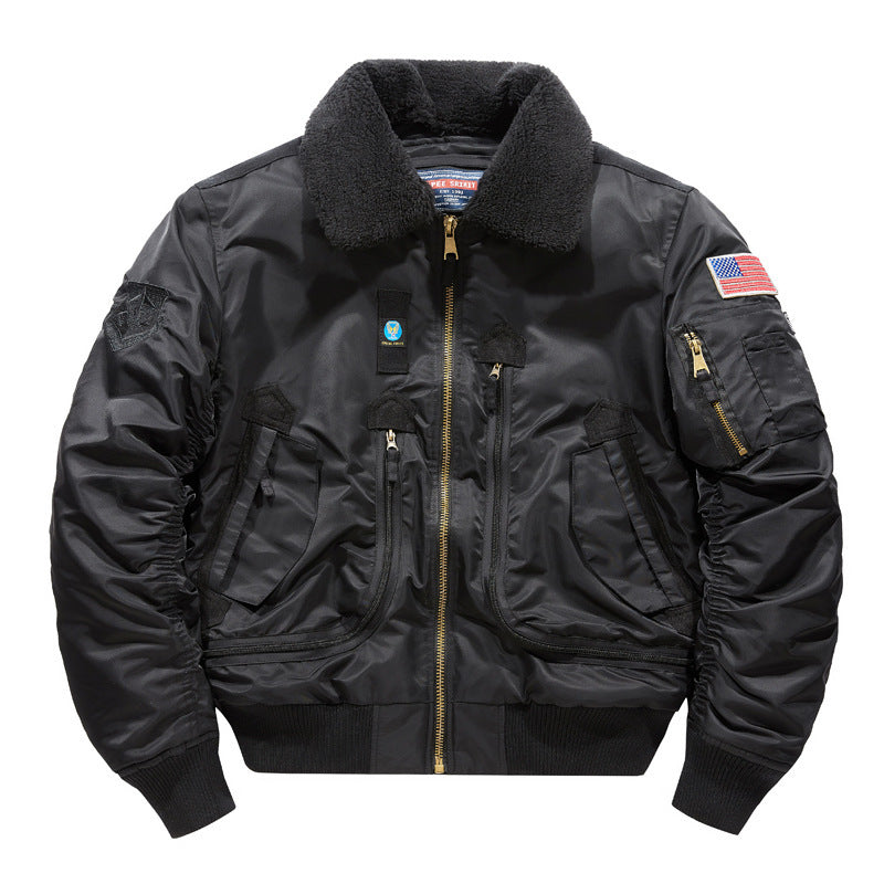 Men's pilot bomber jacket with teddy collar, multiple pockets, and windproof nylon shell Fashion Glam