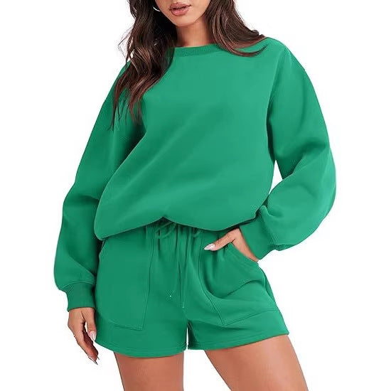 Women's Casual Two-Piece Lounge Sweatset with Oversized Round Neck Sweatshirt and High-Waist Relax Shorts Fashion Glam