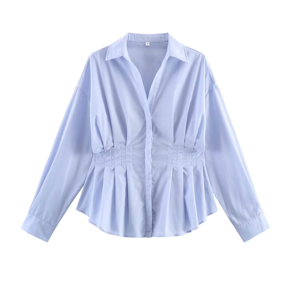 Women's tailored blouse shirt jacket with box pleats and concealed button placket Fashion Glam
