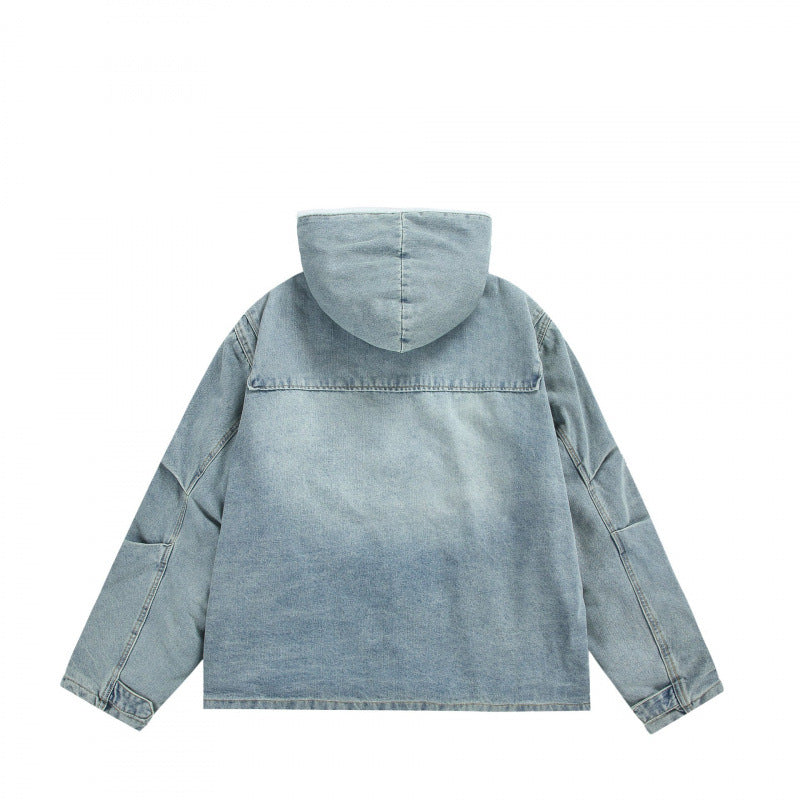 Unisex Hooded Denim Parka in Used Look with Teddy Fleece Lining and Flap Pockets Fashion Glam