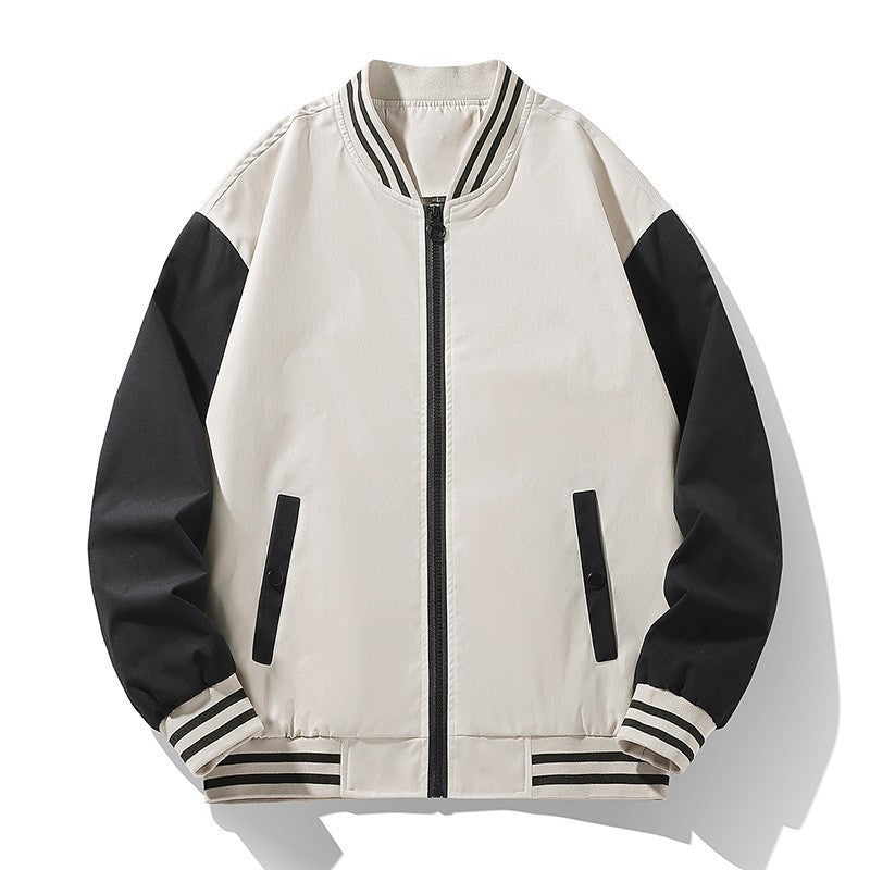 Men's lightweight college bomber jacket with contrasting striped ribbed collar and full zip Fashion Glam