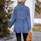 Women's tailored longline denim jacket with gathered waist, snap-button placket & frayed hem Fashion Glam