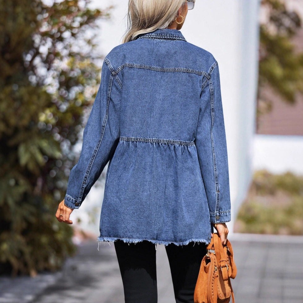 Women's tailored longline denim jacket with gathered waist, snap-button placket & frayed hem Fashion Glam