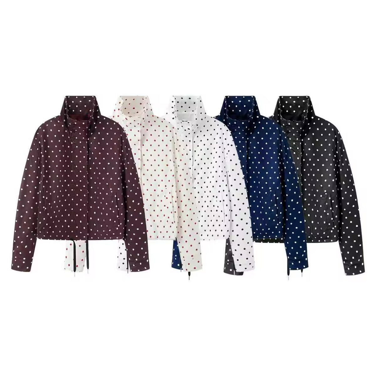 Women's Short Dotted Rain Jacket with Stand-Up Collar and Drawstring Fashion Glam