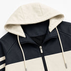 Men's Sporty Hooded Bomber with Faux Leather Look, Contrast Stripes and Zipper Fashion Glam