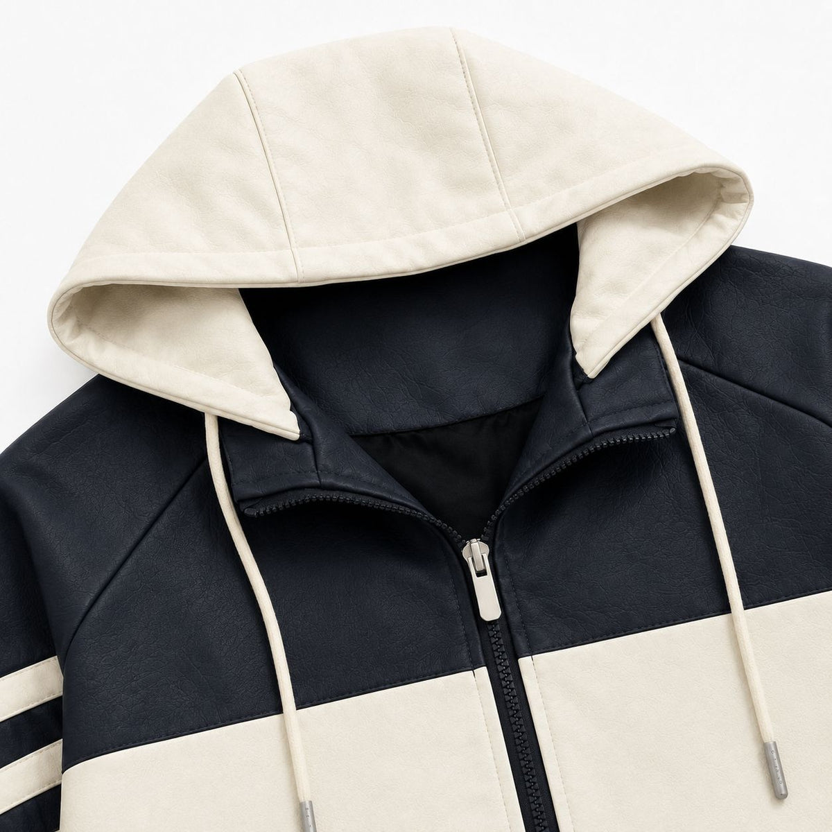Men's Sporty Hooded Bomber with Faux Leather Look, Contrast Stripes and Zipper Fashion Glam