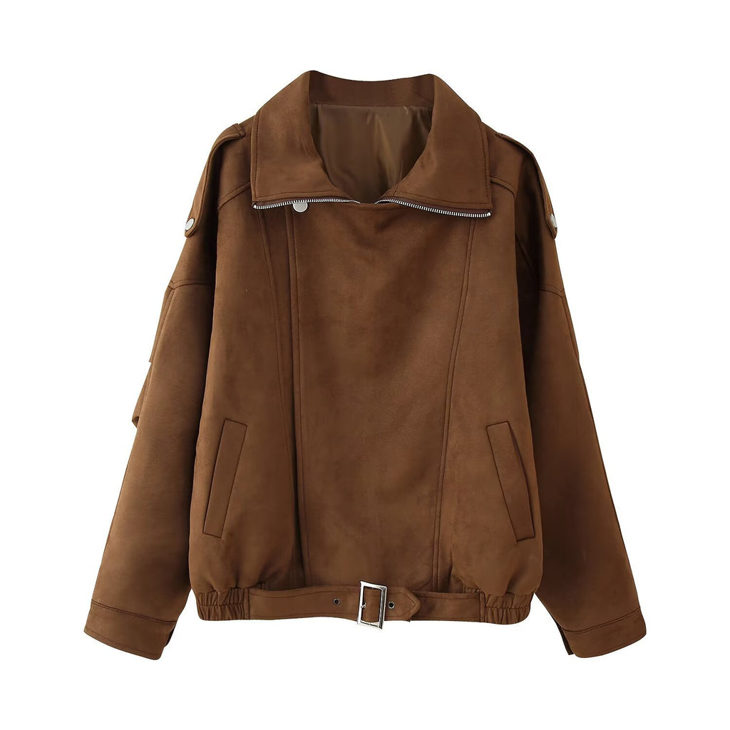 Women's short jacket in biker blouson style with belt and asymmetrical flap Fashion Glam
