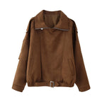 Women's short jacket in biker blouson style with belt and asymmetrical flap Fashion Glam