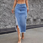 Women's asymmetrical midi denim skirt with fringe and destroy effect Fashion Glam