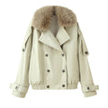 Women's double-breasted blouson with removable faux fur collar, waist drawstring and adjustable cuffs Fashion Glam