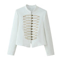 Women Military Inspired Short Stand Collar Jacket with Decorative Cords and Brass Buttons Fashion Glam