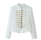 Women Military Inspired Short Stand Collar Jacket with Decorative Cords and Brass Buttons Fashion Glam