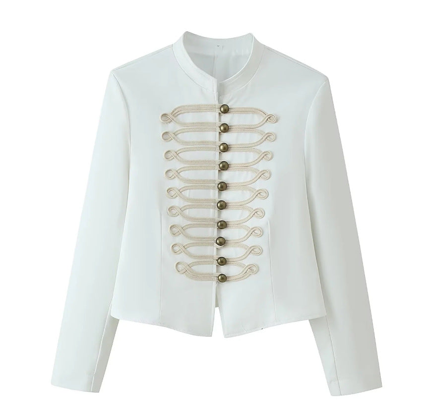Women Military Inspired Short Stand Collar Jacket with Decorative Cords and Brass Buttons Fashion Glam