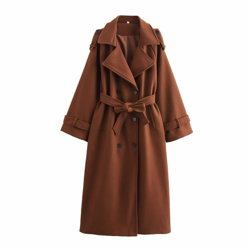 Women’s long double-breasted wool blend trench coat with belt and wide lapels Fashion Glam