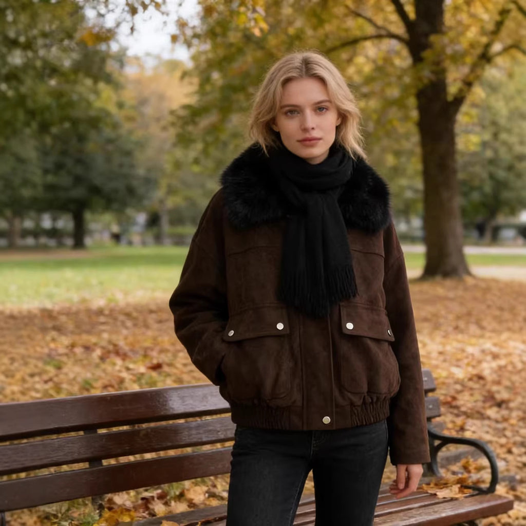 Women's Oversized Aviator Jacket made of Suede Leather Imitation with Large Faux Fur Collar Fashion Glam