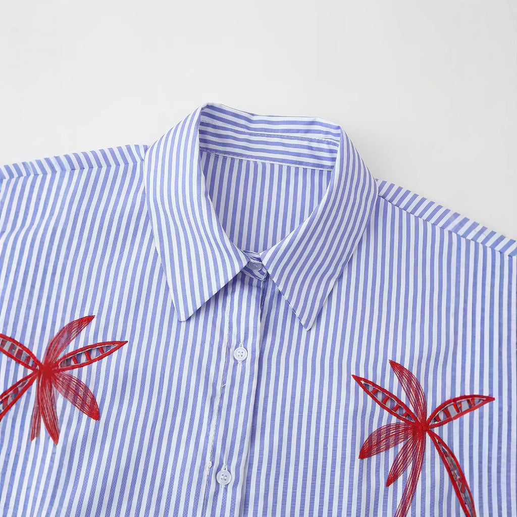 Women Oversized Shirt Blouse with Pinstripes, Palm Embroidery and Three-Quarter Sleeves Fashion Glam