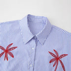 Women Oversized Shirt Blouse with Pinstripes, Palm Embroidery and Three-Quarter Sleeves Fashion Glam