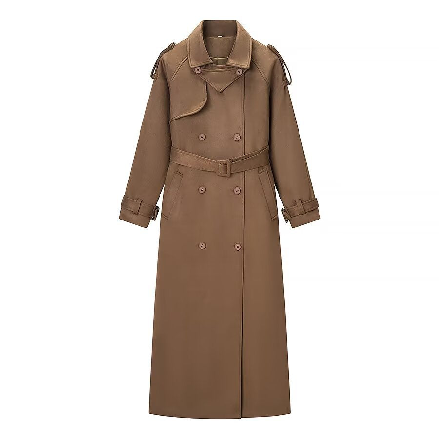 Women Longer tailored double-breasted wool blend trench coat with belt and shawl collar Fashion Glam