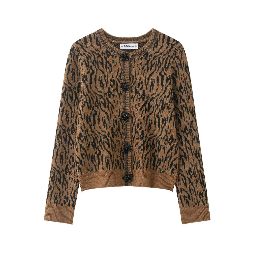 Women's Short Cardigan with Leopard Print and Pearl Flower Buttons Fashion Glam