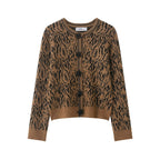 Women's Short Cardigan with Leopard Print and Pearl Flower Buttons Fashion Glam